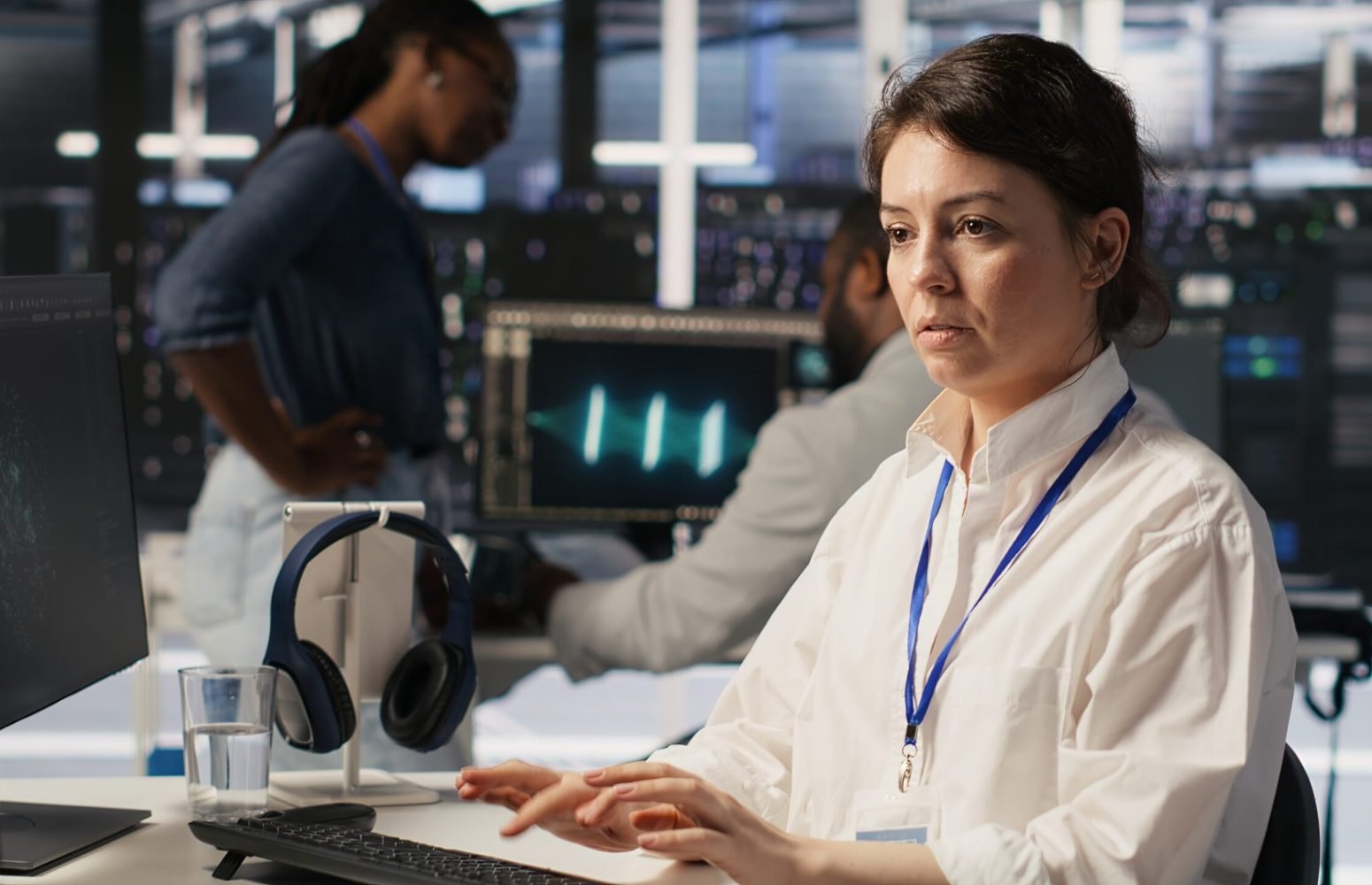 Data center software developer using PC to monitor neural network AI visualization. Woman working in server room using computer to oversee rigs powering machine learning processes, camera A